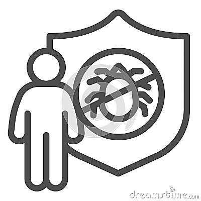 Man with shield and insect line icon, pest control concept, insect control and extermination service sign on white Vector Illustration