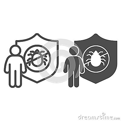 Man with shield and insect line and solid icon, pest control concept, insect control and extermination service sign on Vector Illustration