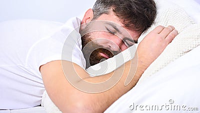 Man in shirt laying on bed, white wall on background. Macho with beard and mustache sleeping, relaxing, having nap, rest Stock Photo