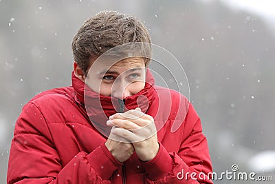 Man shivering in cold winter Stock Photo