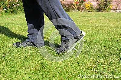 A man in shoes with spikes for aerating the lawn. Garden care Stock Photo