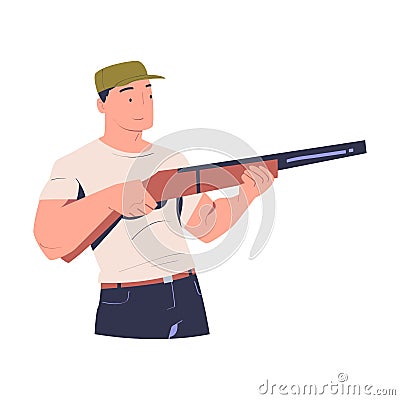 Man with shogun aiming at target. Ma holding rifle training in tactical shooting cartoon vector illustration Cartoon Illustration