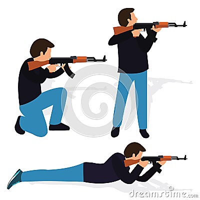 Man shooting rifle gun weapon position shot action firearm standing prone kneeling aim target automatic machine Vector Illustration