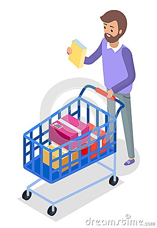 Man with shopping cart on wheels with colorful boxes flat style illustration isolated on white Vector Illustration