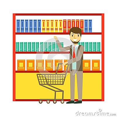 Man shopping at supermarket with shopping cart and buying products. Shopping in grocery store, supermarket or retail Vector Illustration