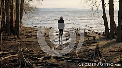A man on the shore of a lake or the sea looks longingly into the distance Stock Photo