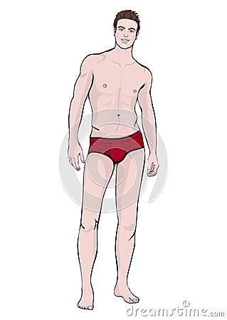 Man in shorts standing front side full-length, vector cartoon male portrait, multicolored painted muscular athlete in red underwea Vector Illustration