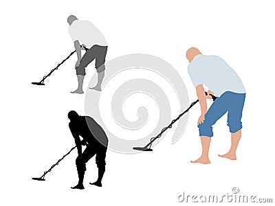 Man with shorts using metal detector on bare foot Vector Illustration