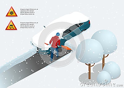 Man with shovel cleaning snow filled backyard outside his car. City after blizzard. Car covered with snow. Isometric Vector Illustration