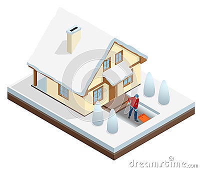 Man with shovel cleaning snow filled backyard outside his house. City after blizzard. House covered with snow. Isometric Vector Illustration