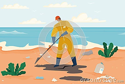 Man with shovel cleans beach polluted with plastic and paper waste. Character collects dirty sand Vector Illustration