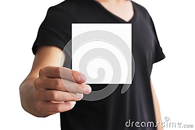 Man showing blank white square flyer brochure booklet. Leaflet p Stock Photo