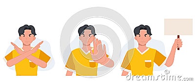 man is showing a gesture No. negative, opposite gestures set. man protested holding a sign with the words No. no concept. vector Vector Illustration