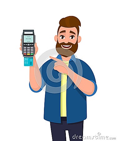 Man showing / holding credit / debit card inserted POS terminal payment card swipe machine and pointing hand. Vector Illustration