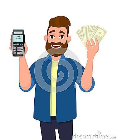Man showing / holding credit / debit card POS terminal payment swipe machine and holding cash, money, currency or in hand. Vector Illustration