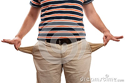 Man showing inside of pockets as moneyless concept close-up Stock Photo