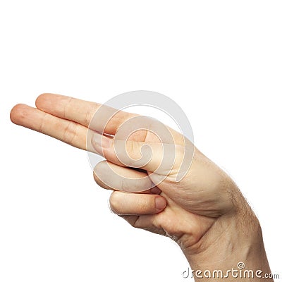 Man showing letter H isolated on white background, closeup. Finger spelling alphabet in American Sign Language. ASL concept Stock Photo