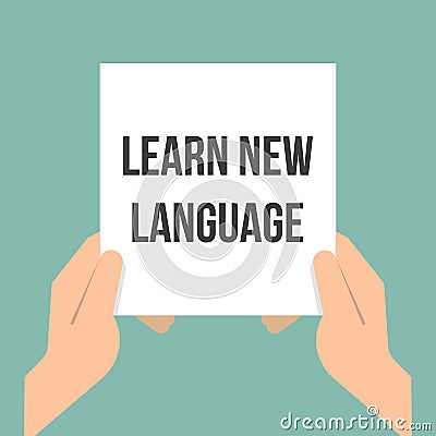 Man showing paper LEARN NEW LANGUAGE Vector Illustration