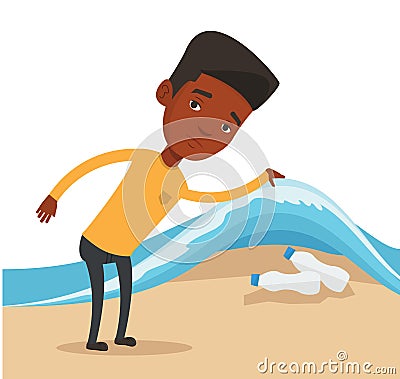 Man showing plastic bottles under sea wave. Vector Illustration