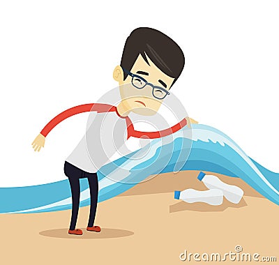 Man showing plastic bottles under sea wave. Vector Illustration