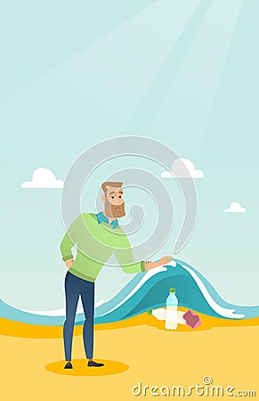 Man showing plastic bottles under sea wave. Vector Illustration