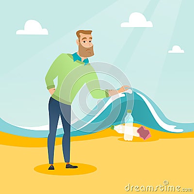 Man showing plastic bottles under sea wave. Vector Illustration