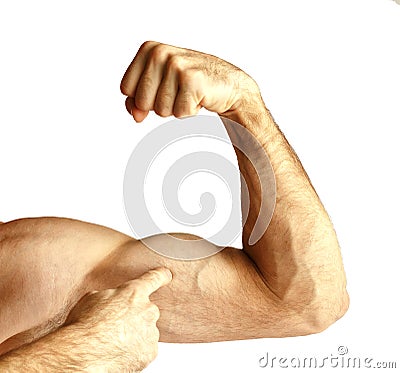 A man shows arm strength. Stock Photo