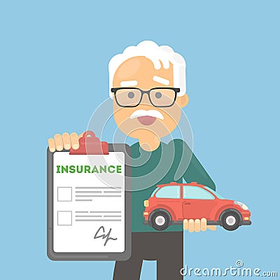 Man shows car insurance. Vector Illustration