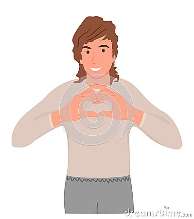 A man shows with his hands a gesture of heart, love. Young guy sincerely smiling, making a heart gesture near his chest Vector Illustration