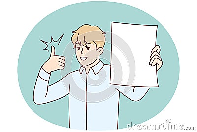 Man shows white sheet of paper and raises thumb up recommending cool investment offer. Vector image Vector Illustration