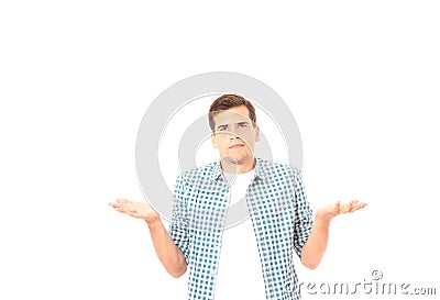 Man shrugs because of he doesn`t know what to buy. Isolated on white. Copy space. Mock up Stock Photo