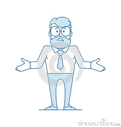 Man shrugs and spreads his hands in confusion Vector Illustration