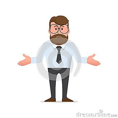 Man shrugs and spreads his hands in confusion. Vector Illustration