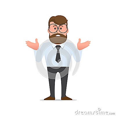 Man shrugs and spreads his hands in confusion. Vector Illustration