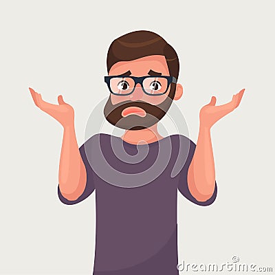 The man shrugs and spreads his hands. Vector illustration in cartoon style. Vector Illustration