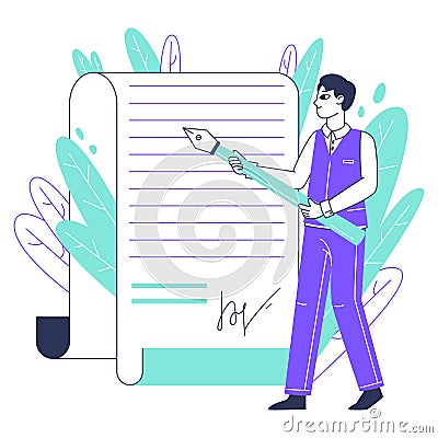 Man signing contract or official paper, business contract signing. Business contract, arrangement deal documents signing isolated Vector Illustration