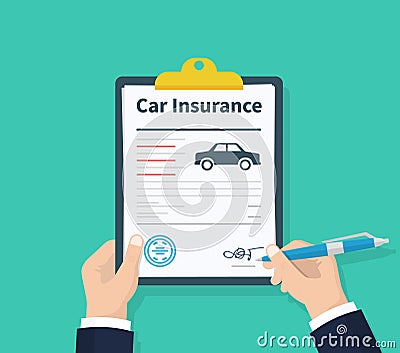 Man signs a legal document auto insurance. Claim form. Car protection property. Car insurance form. Vector illustration Vector Illustration