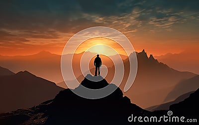Man silhouette climbing high on cliff. Hiker climbed up to peak enjoy view. Sport and active life concept. Generative ai Stock Photo