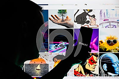 Man silhouette, Dall-e 2 logo on smartphone. OpenAI Dall-E 2 AI artwork in bakcground Editorial Stock Photo