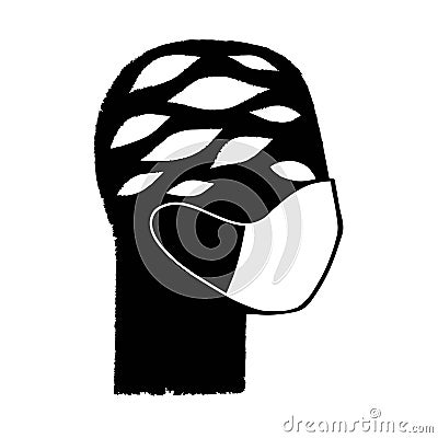 Man silhouette face in white medical face mask. Fear of getting a coronavirus. Black and white vector illustration. Vector Illustration