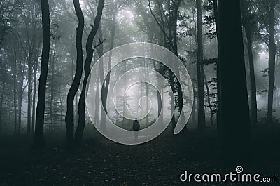 Man silhouette on Halloween night in dark mysterious forest with fog Stock Photo