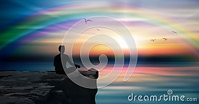 Yoga man silhouette meditating at sunset colorful rainbow sky nature landscape Vector Illustration