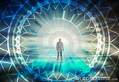 Man surreal life soul journey through abstract Universe doorway Vector Illustration