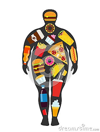 Man silhouette with scattered fast food elements. Unhealthy, junk food and obesty concept. Vector Illustration