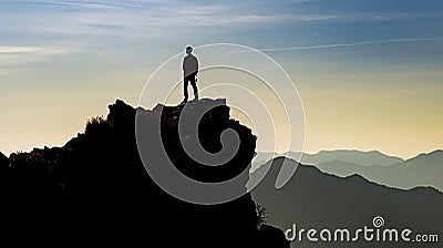 Man silhouette stay on sharp rock peak. Satisfy hiker enjoy view. Tall man on rocky cliff watching down to landscape. Generative Stock Photo