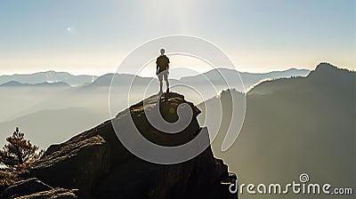 Man silhouette stay on sharp rock peak. Satisfy hiker enjoy view. Tall man on rocky cliff watching down to landscape. Generative Stock Photo