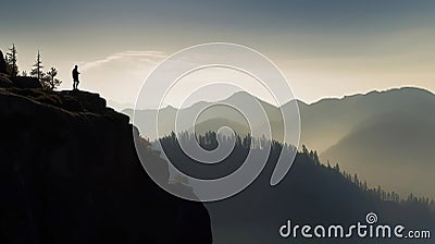 Man silhouette stay on sharp rock peak. Satisfy hiker enjoy view. Tall man on rocky cliff watching down to landscape. Generative Stock Photo