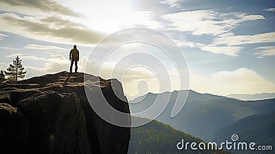Man silhouette stay on sharp rock peak. Satisfy hiker enjoy view. Tall man on rocky cliff watching down to landscape. Generative Stock Photo