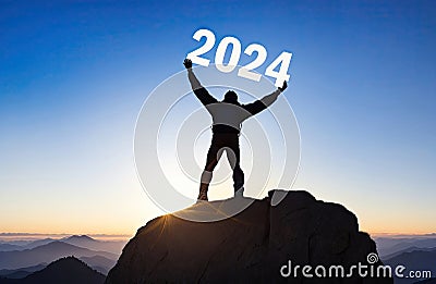 Man silhouette stay on sharp rock peak the view of sunset over 2024 year in his hands, ai generative Stock Photo