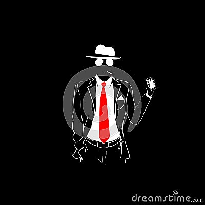 Man Silhouette Suit Red Tie Wear Glasses White Hold Cell Smart Phone Vector Illustration